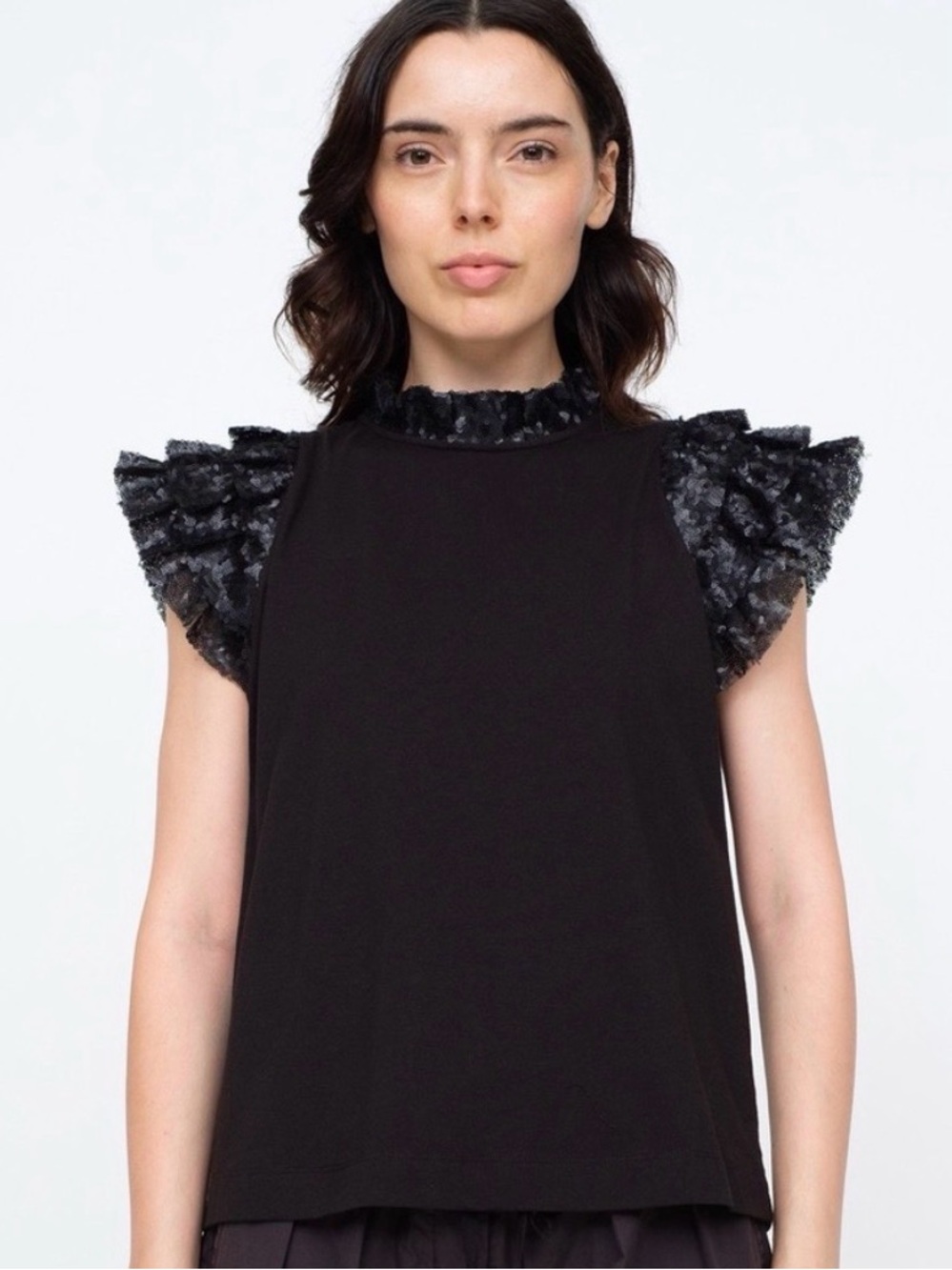 Sea New York Rachelle Sequin Flutter Sleeve Mock Neck Tee Black Size S